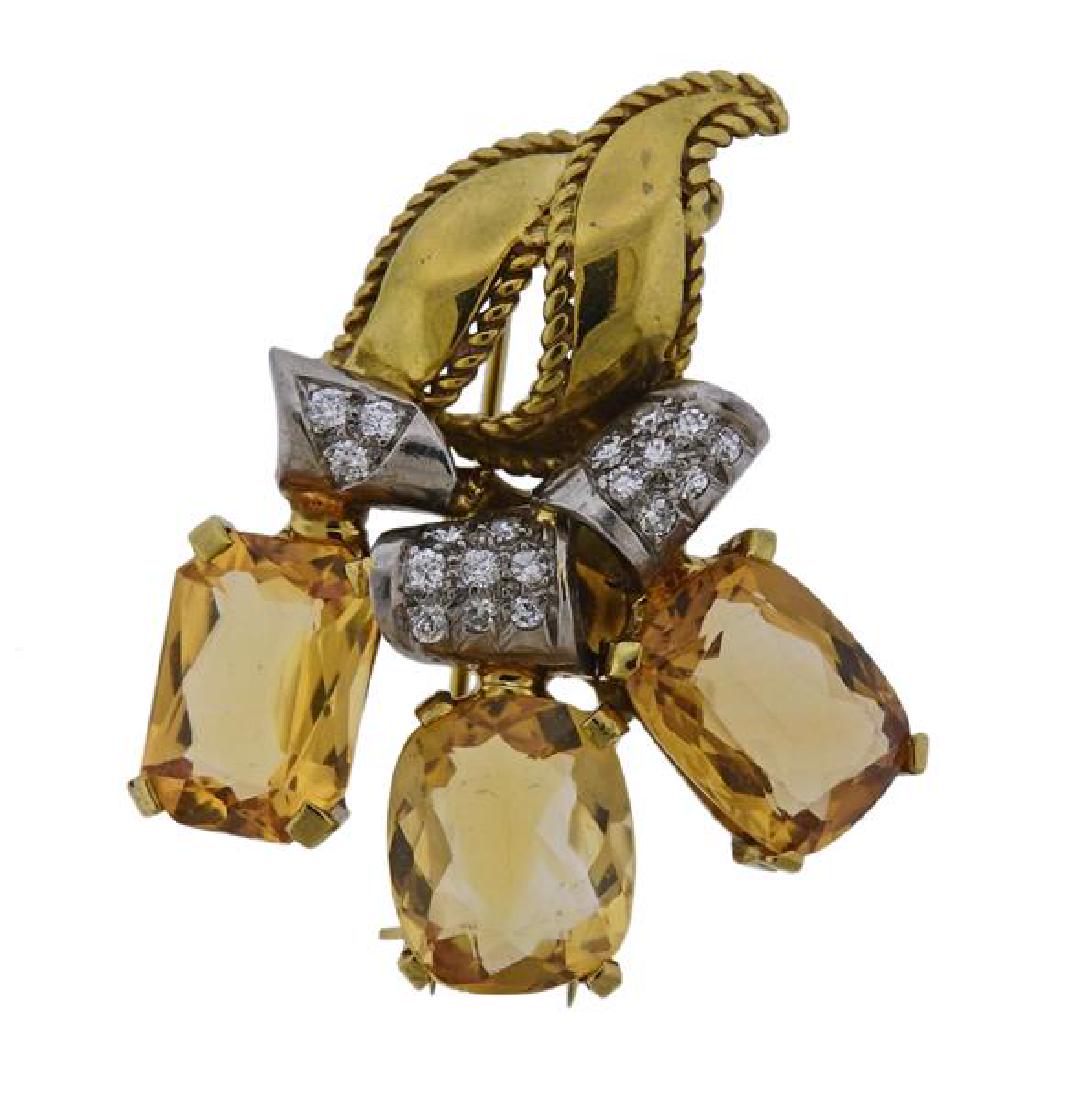 Platinum Gold Citrine Diamond Brooch Pin (1 of 3)