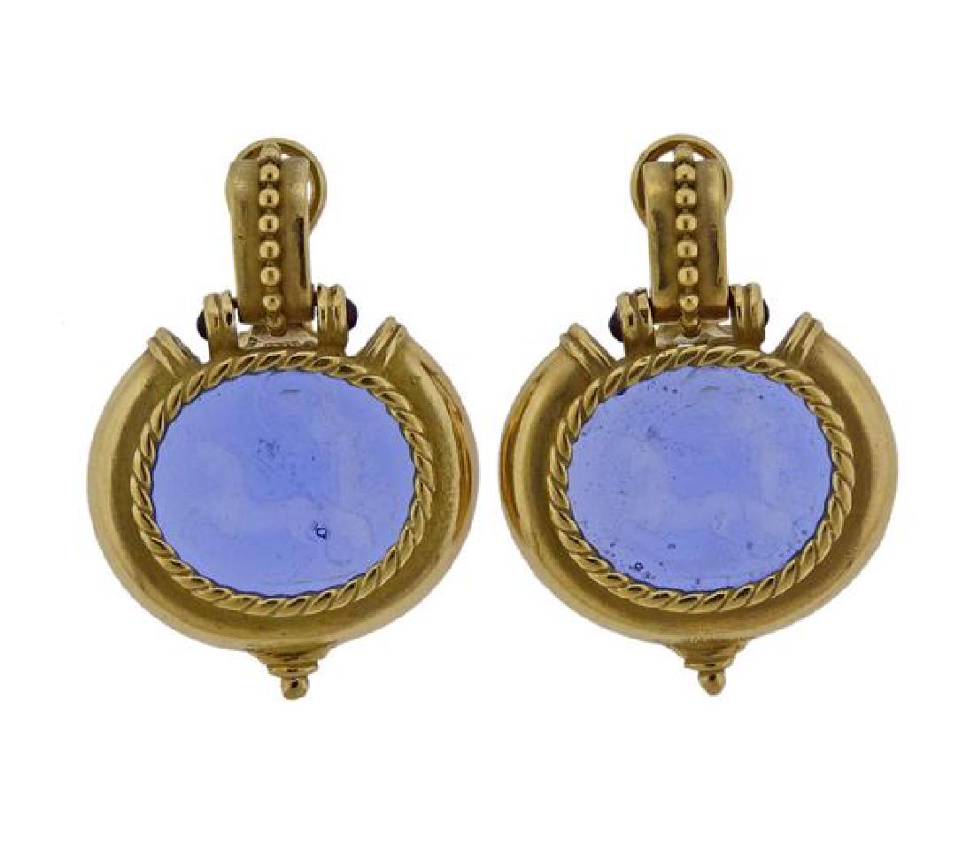 18k Gold Glass Intaglio Earrings: METAL: 18k Gold. MEASUREMENTS: Earrings are 42mm x 28mm. GEMSTONES: Red stones, glass intaglio. MARKED: May, 18k, Italy. WEIGHT: 24.1 grams.Gemstones have not been graded for color and clarity ,and te