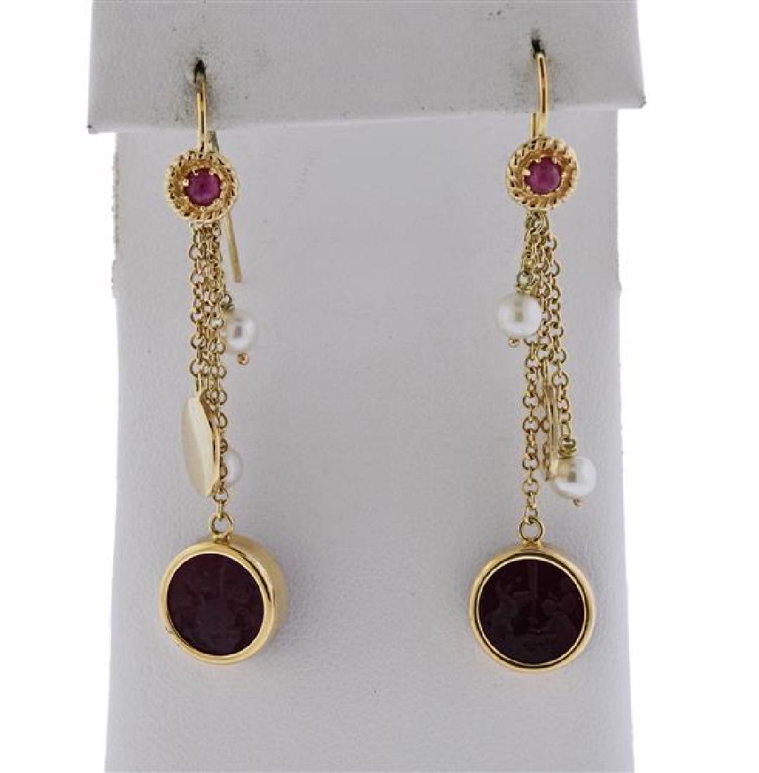 14k Gold Intaglio Pearl Ruby Drop Earrings (1 of 3)