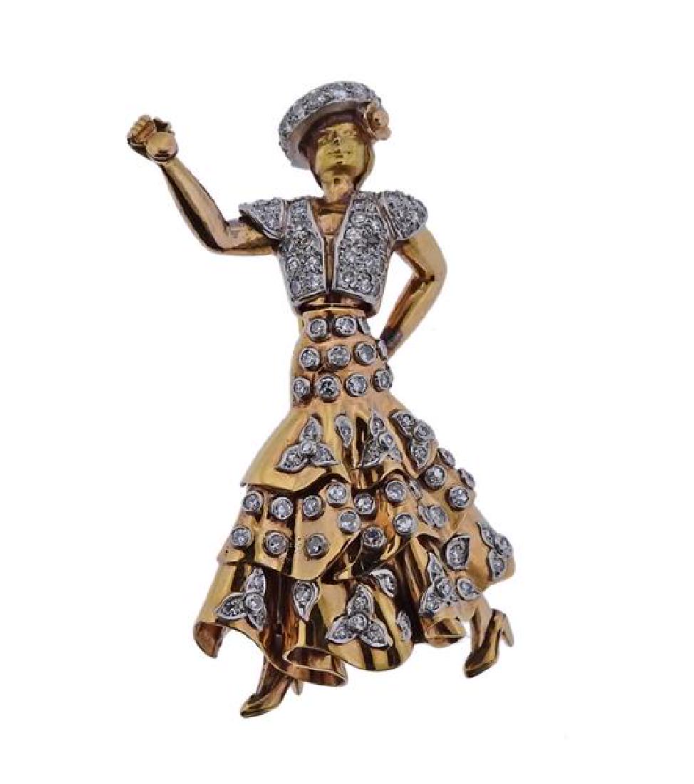 18K Gold Diamond Flamenco Dancer Brooch Pin (1 of 4)