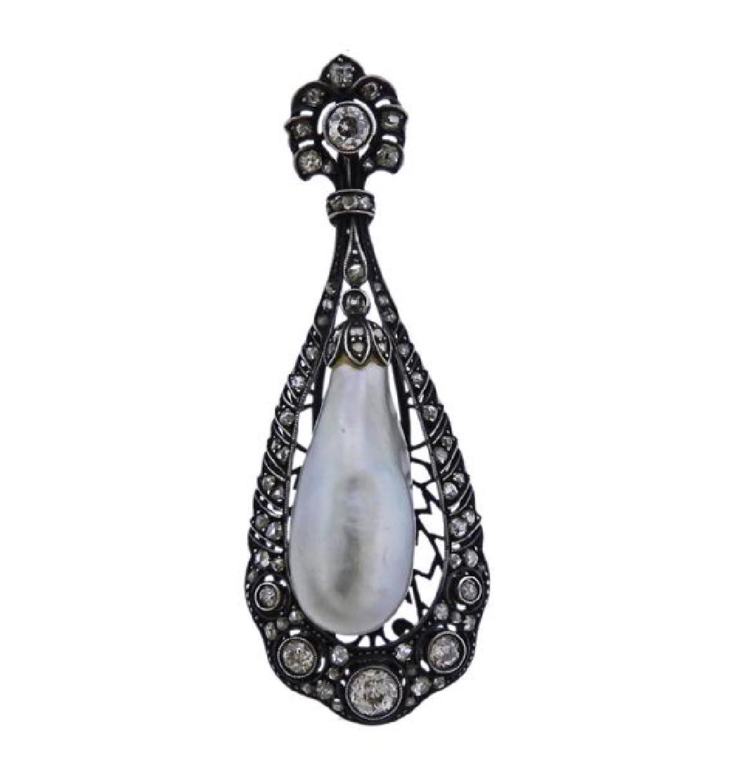Antique 18K Gold Silver Diamond Pearl Drop Pendant (1 of 4)