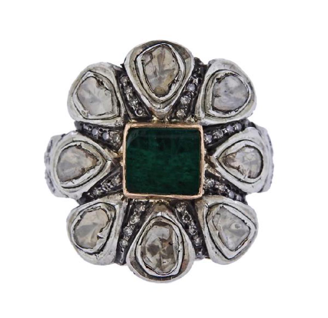 14K Gold Silver Diamond Green Stone Ring (1 of 4)