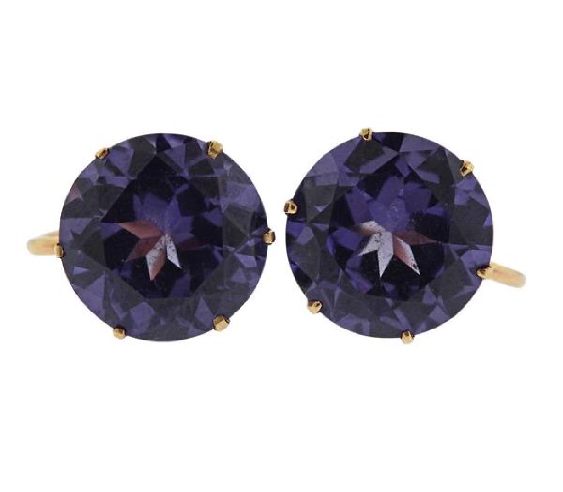 Mid Century 18K Gold Purple Stone Earrings: METAL: 18K gold. GEMSTONES: purple stones 13mm in diameter. MEASUREMENTS: earrings are 14mm in diameter. MARKED/TESTED: Partially polished off mark CHOW 18K, tested 18K. WEIGHT: 6.7 grams.Gemstones ha