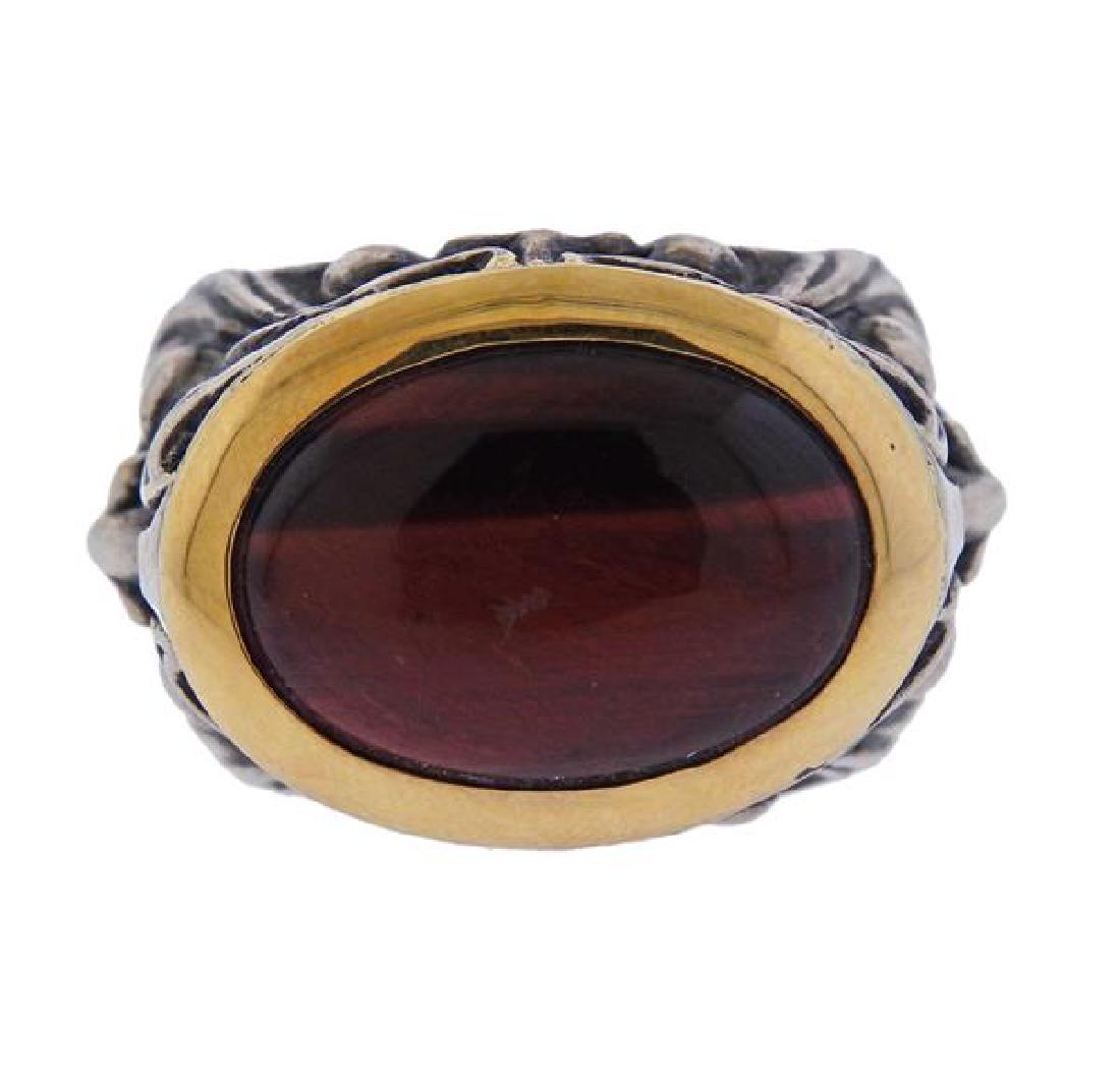 Stephen Webster Gargoyle 18K Gold Sterling Bull's: METAL: 18k gold, sterling silver. GEMSTONES: bull's eye stone (small chip on top), red stones. MEASUREMENTS: ring size 10.75. Ring top is 19mm at widest point. MARKED: SW, maker's hallmark, 92