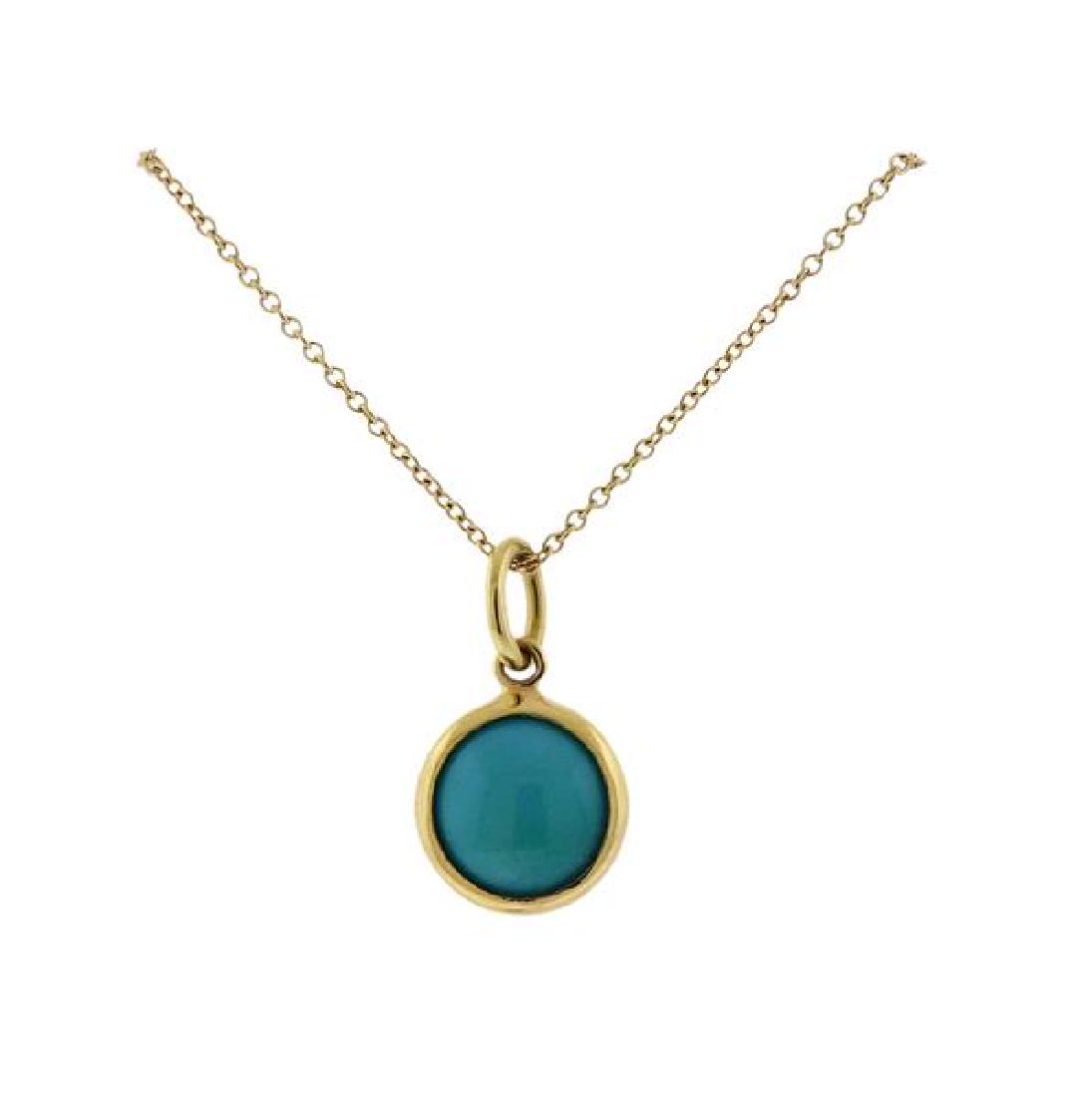 Tiffany & Co Picasso 18k Gold Turquoise Pendant: METAL: 18k Gold. MEASUREMENTS: Necklace is 20" long, Pendant - 11mm in diameter. GEMSTONES: Turquoise. Comes with pouch. MARKED: Tiffany & Co, AU750, Paloma Picasso, T & Co. WEIGHT: 3.4 g