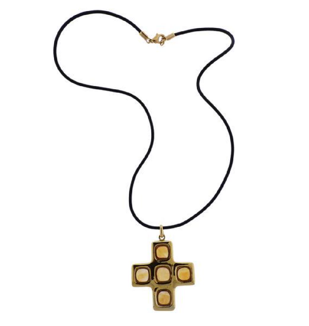 18K Gold Yellow Stone Cross Pendant Rubber Cord (1 of 4)