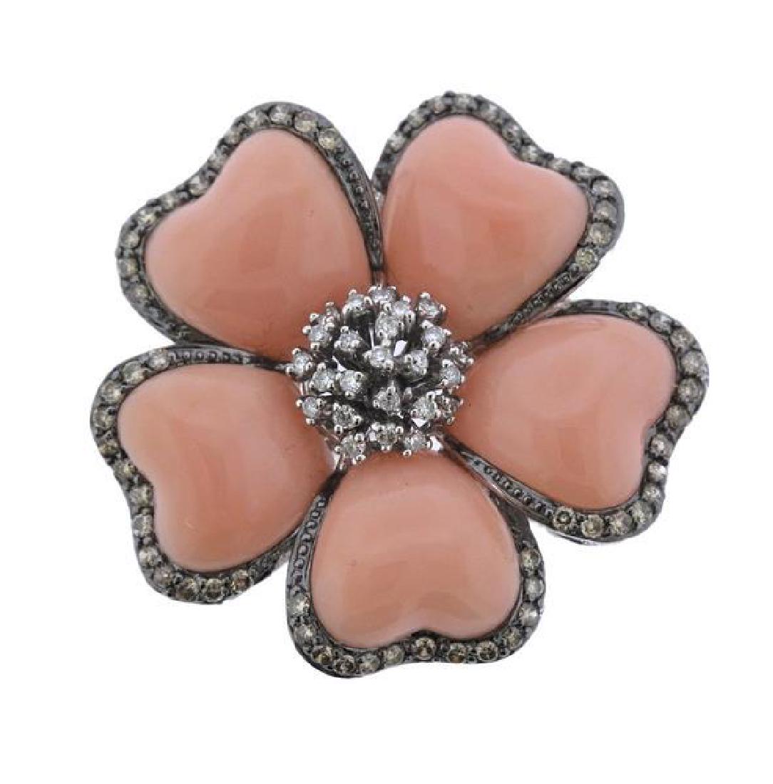 18K Gold Diamond Pink Stone Flower Brooch Pendant (1 of 3)