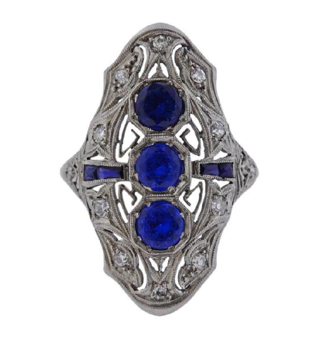 Art Deco Platinum Blue Stone Diamond Ring (1 of 4)