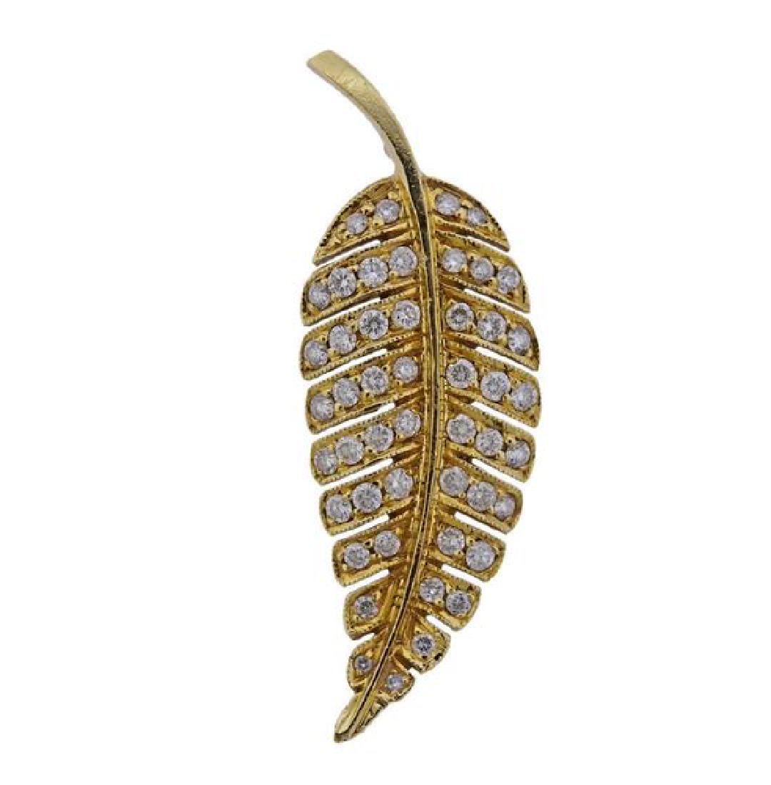 Jennifer Meyer 18k Gold Diamond Leaf Pendant: METAL: 18k Gold. MEASUREMENTS: Pendant is 46mm x 16mm. GEMSTONES: Diamonds approx. 1.40ctw. MARKED: JEM, 18k. WEIGHT: 6.8 grams.Gemstones have not been graded for color and clarity ,and tested for cla