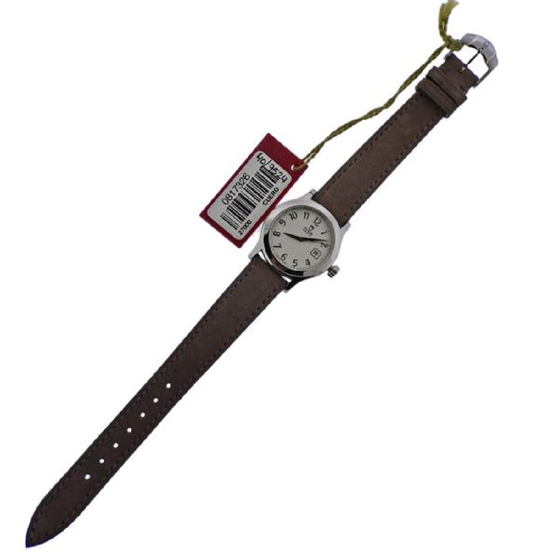 Tudor Stainless Steel Quartz Lady's Watch 27000: METAL: Stainless Steel. MEASUREMENTS: 25mm case, full leather band with steel buckle. New old stock, with tag and papers. Tudor silvered dial with silvered arabic numerals. MOVEMENT: Quartz, running o