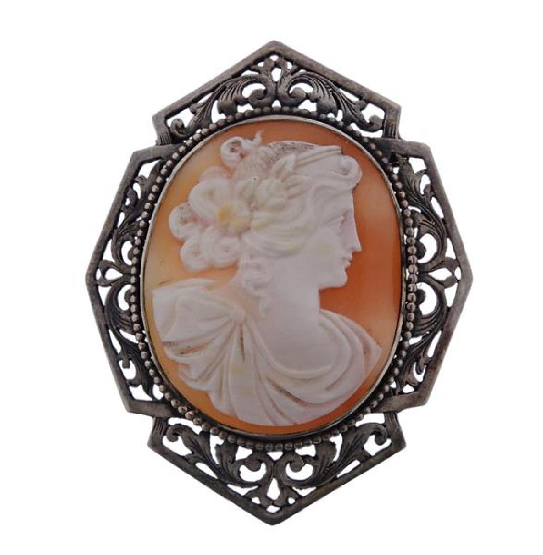 Antique Sterling Silver Shell Cameo Brooch Pin (1 of 3)