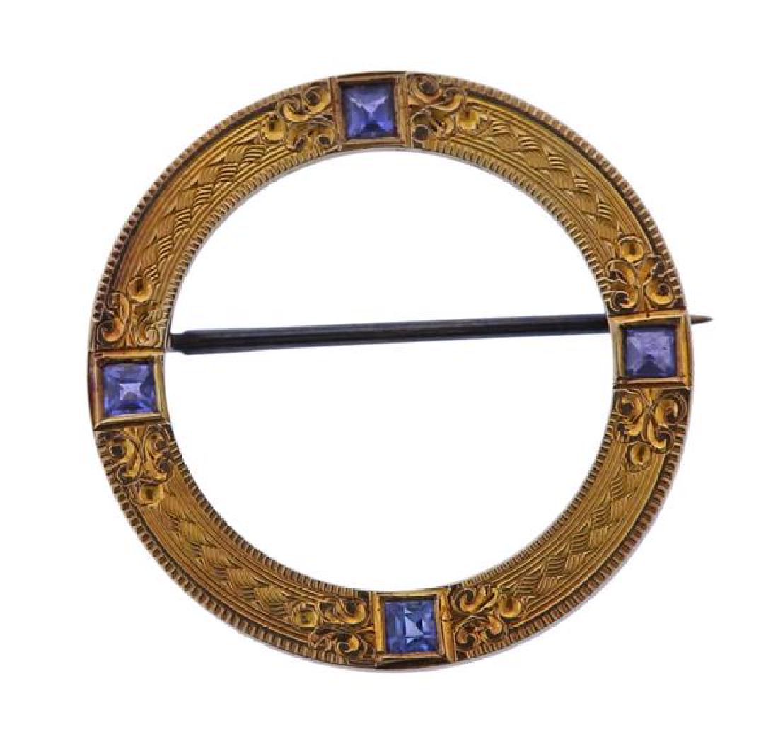 Antique 14k Gold Sapphire Circle Brooch Pin (1 of 3)
