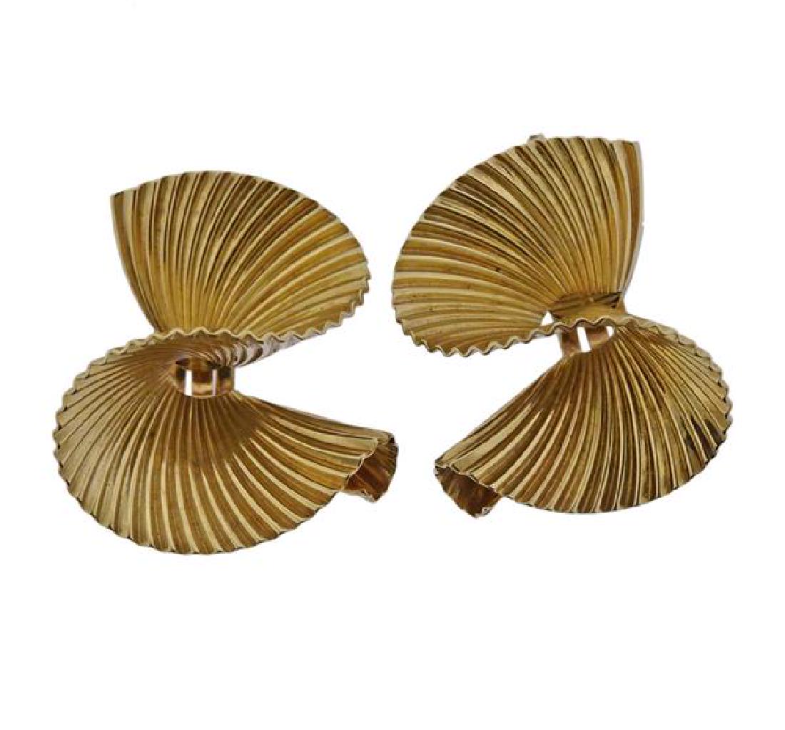 McTeigue Retro 14k Gold Swirl Earrings: METAL: 14k Gold. MEASUREMENTS: Earrings are 26mm x 24mm. MARKED: MT, 14k, Pat. 428905. WEIGHT: 12.4 grams.Gemstones have not been graded for color and clarity ,and tested for clarity and color enhance
