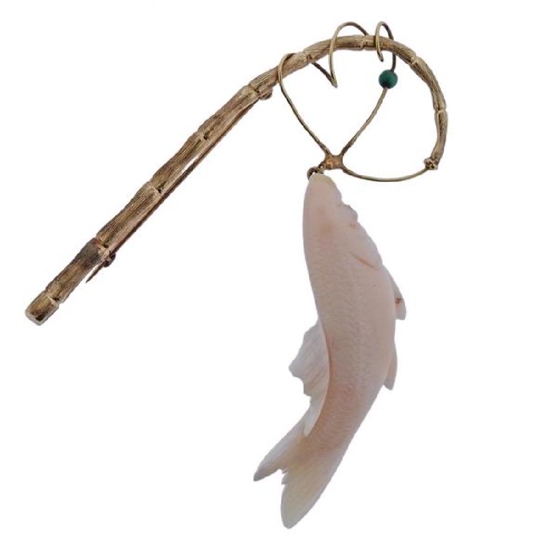 14k Gold Carved Coral Fish Brooch Pin (1 of 3)