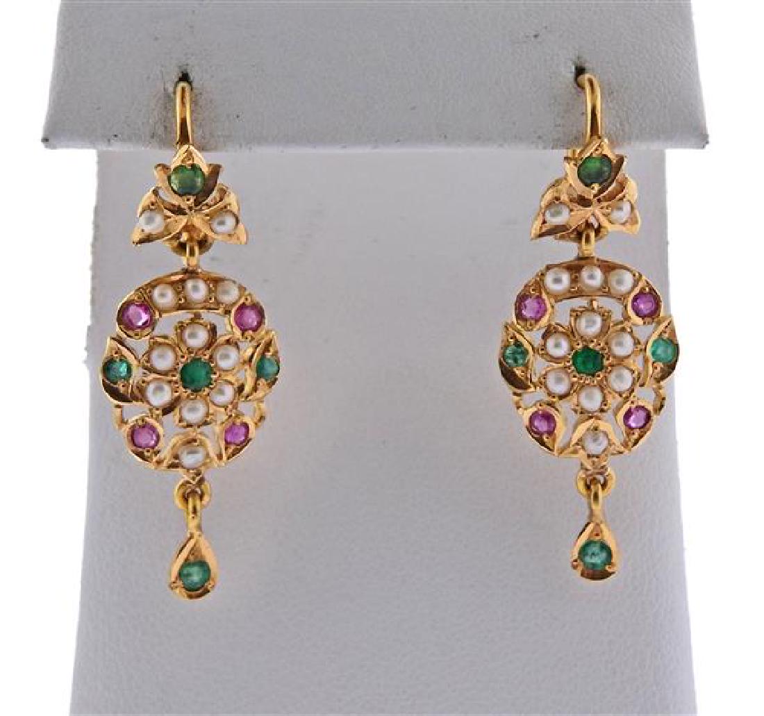 20k Gold Pearl Ruby Emerald Earrings (1 of 4)