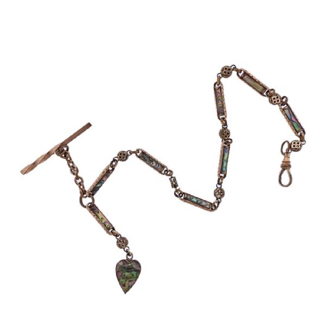 Antique Gold Filled Abalone Watch Fob Chain: METAL: Gold Filled. MEASUREMENTS: Chain is 13.5" long (end to end). GEMSTONES: Abalone. TESTED: GF. WEIGHT: 23.4 grams.Gemstones have not been graded for color and clarity ,and tested for clarity