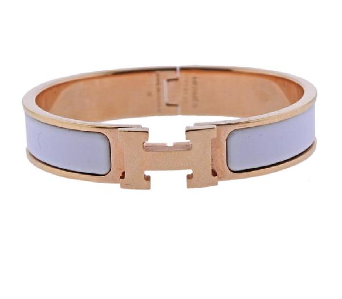 Hermes Rose Tone White Enamel Clic Clac H Bracelet (1 of 4)