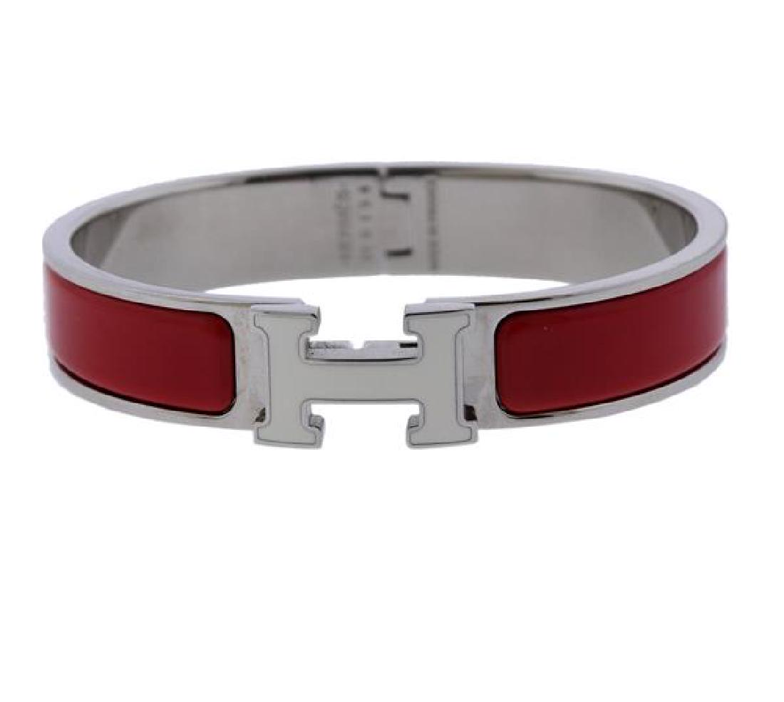 Herme Silver Tone Red White Enamel Clic Clac H Bracelet (1 of 4)