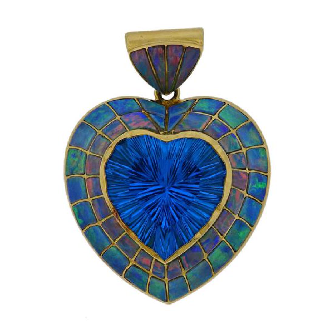 18k Gold Opal Mosaic Inlay Blue Topaz Heart Pendant (1 of 4)