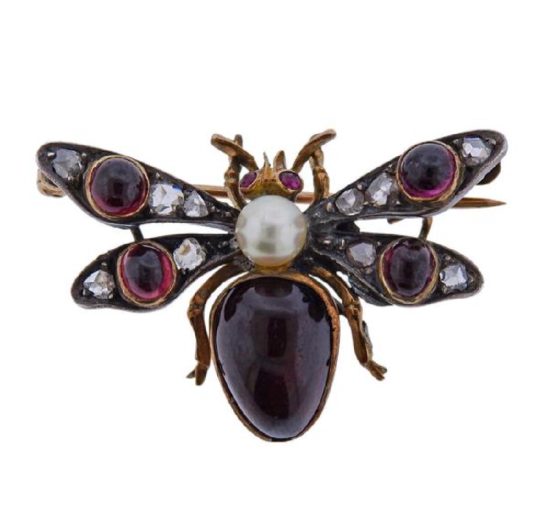 Antique Gold Silver Diamond Gemstone Insect Brooch (1 of 3)