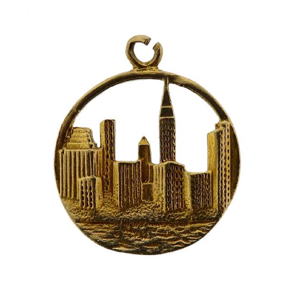 14K Gold Skyline in Circle Charm Pendant: METAL: 14K gold. MEASUREMENTS: pendant is 23mm in diameter. Bale is split. MARKED: CCC 14K. WEIGHT: 6.6 grams.Gemstones have not been graded for color and clarity ,and tested for clarity and color enh
