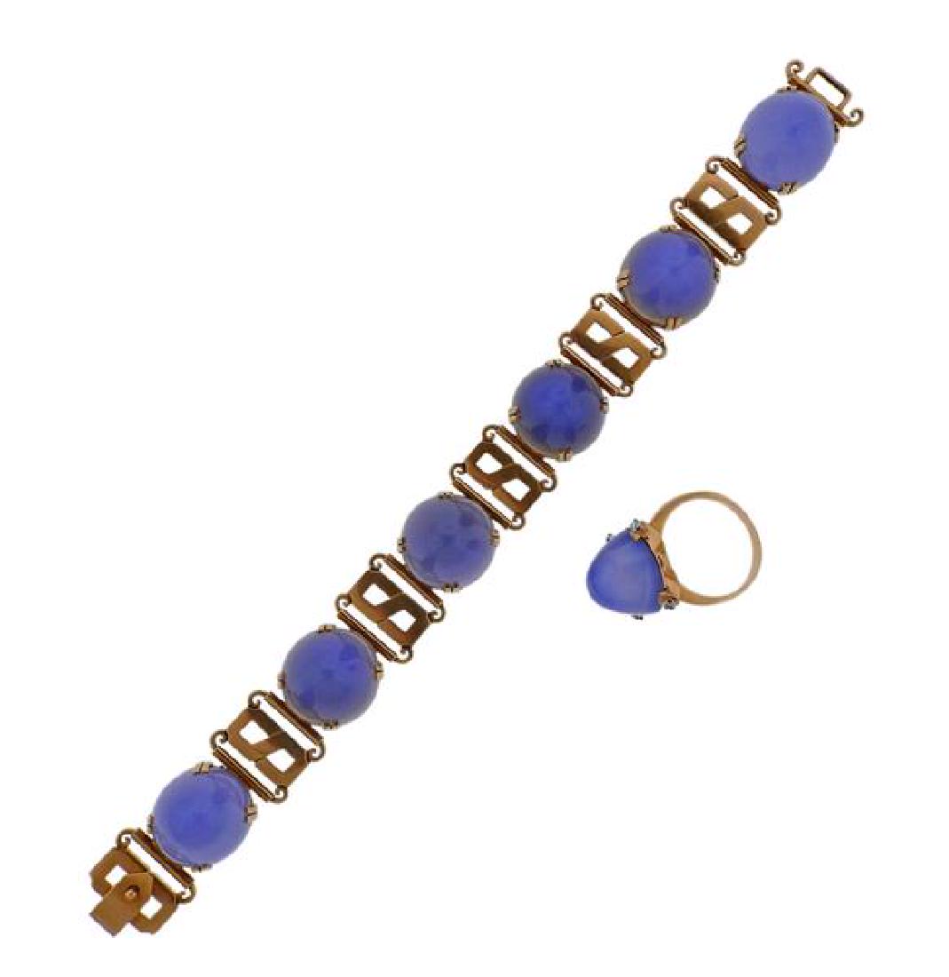 Art Deco 18k Gold Chalcedony Diamond Bracelet Ring Set (1 of 9)