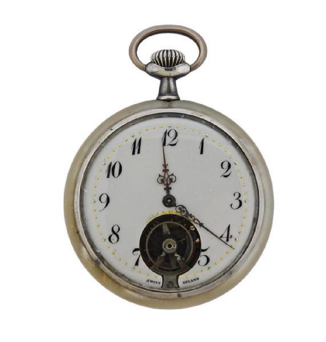 Antique Silver Mother of Pearl Pocket Watch: METAL: Silver. MEASUREMENTS: Case - 51mm in diameter. Mother of pearl case with one hairline on the back. Porcelain dial . Multiple chips on crystal. MOVEMENT: Manual wind, not running. Watches are gu