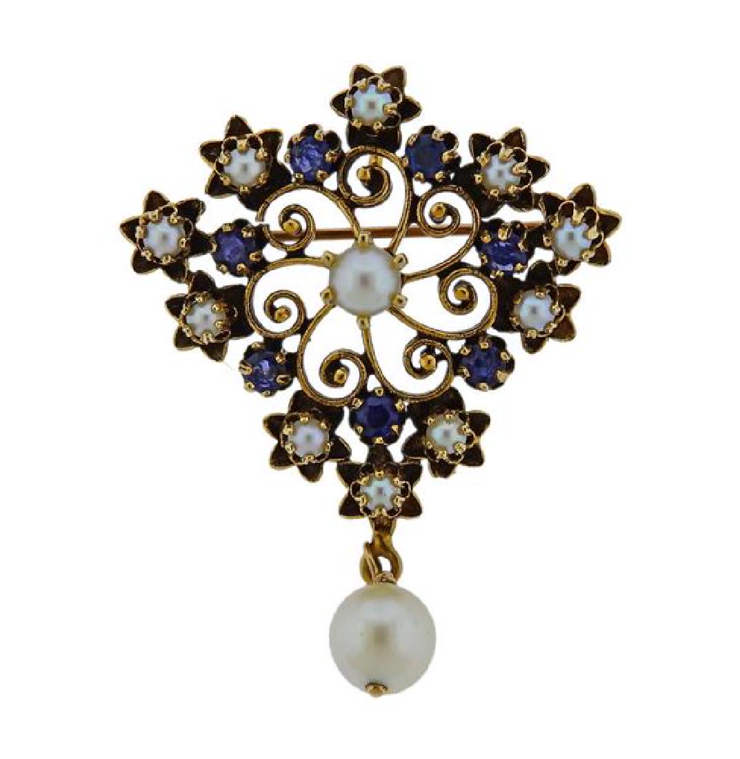 14K Gold Pearl Blue Stone Brooch Pendant (1 of 3)
