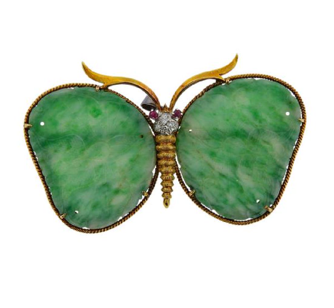 14k Gold Jade Diamond Ruby Butterfly Pendant Brooch (1 of 3)