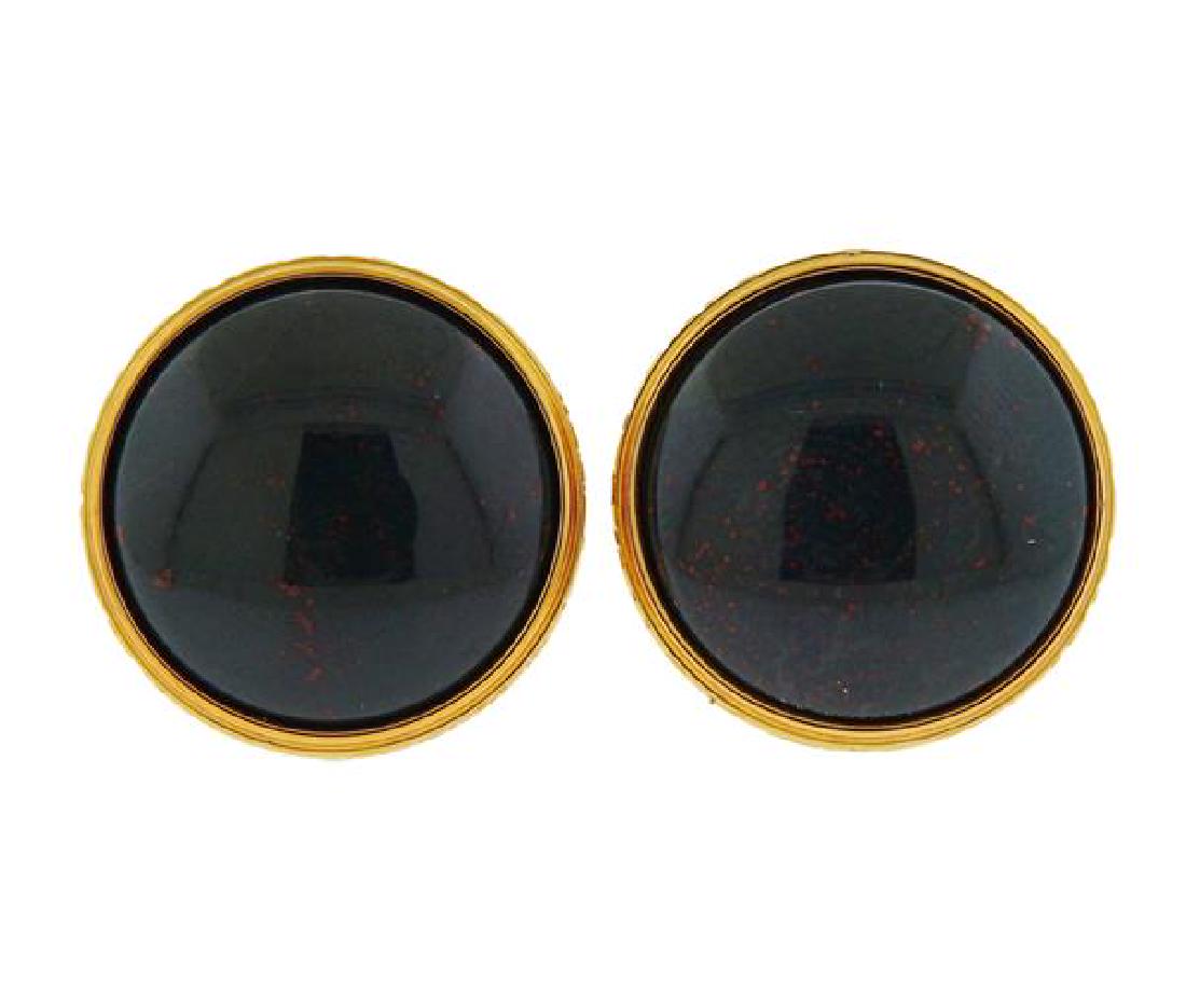 MontBlanc Gold Plated Bloodstone Cufflinks: METAL: Gold Plate. MEASUREMENTS: Cufflink top - 17mm in diameter, back - 10mm. GEMSTONES: Bloodstone. MARKED: Montblanc-Meisterstuck, Germany. WEIGHT: 15.3 grams.Gemstones have not been graded for col