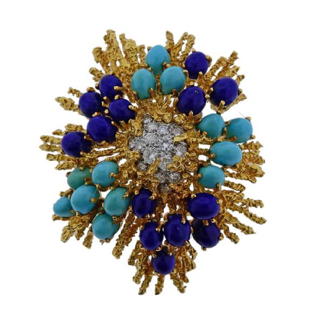 1970s 18k Gold Lapis Diamond Turquoise Brooch Pin (1 of 3)