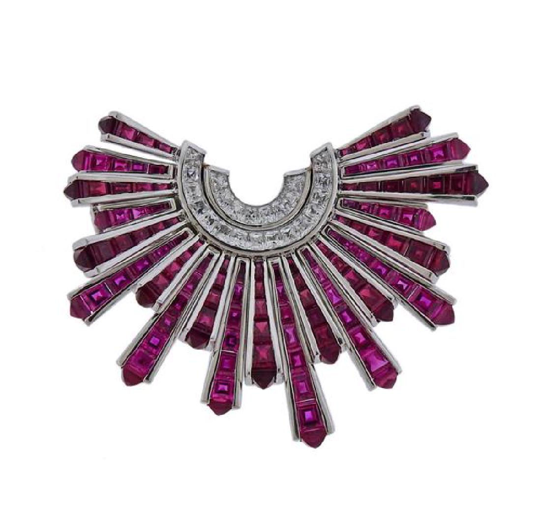 Mid Century 18k Gold Red Stone Brooch Pin (1 of 4)