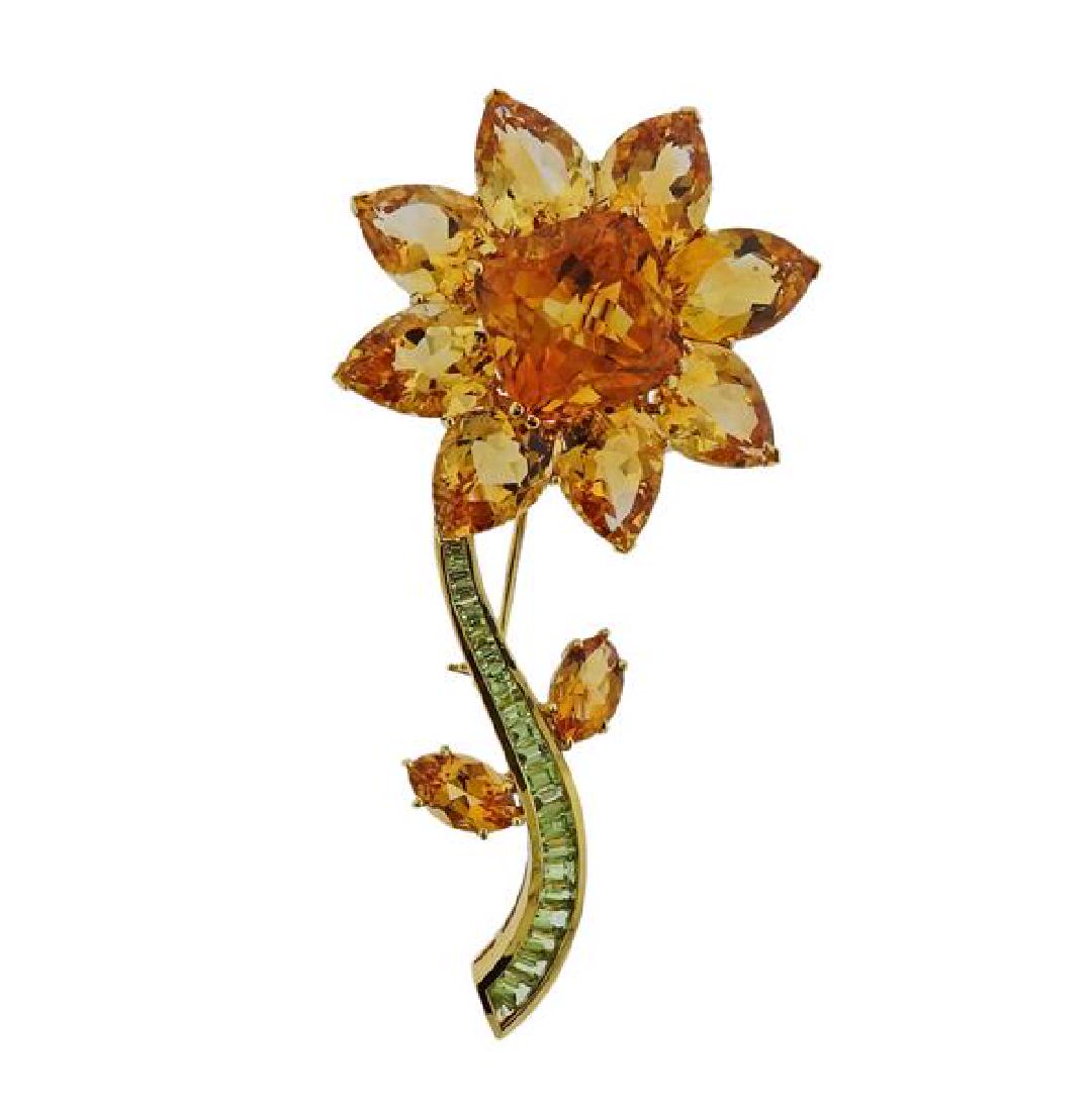 18K Gold Yellow Green Stone Flower Brooch Pin (1 of 3)