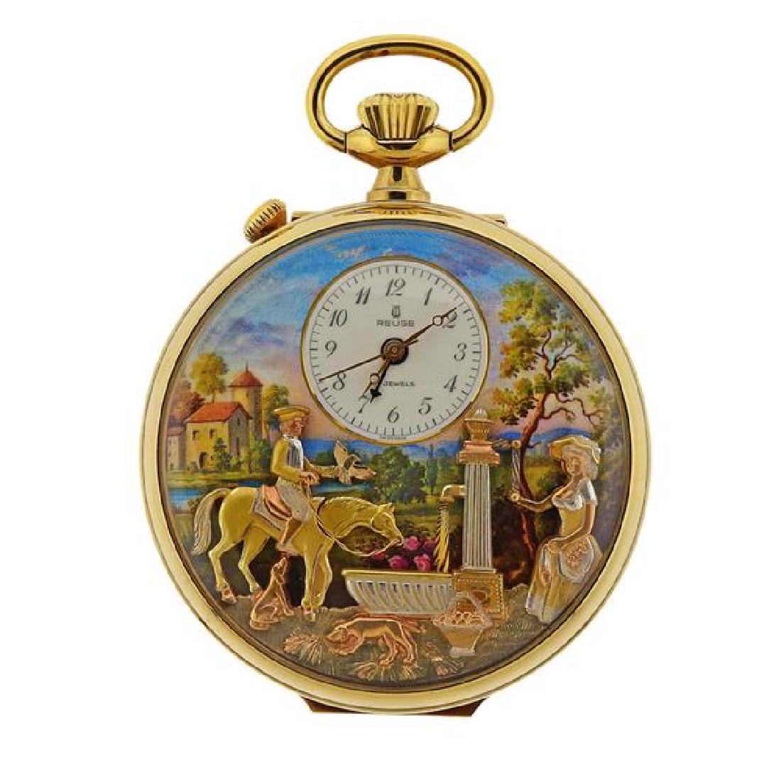 Reuge Gold Plated Metal Erotic Automaton Pocket Watch: METAL: gold plated base metal. MEASUREMENTS: case is 56mm in diameter. White dial with silver tone Arabic numerals and gold tome hands. Alarm hand is black. Miniature painting on dial with automated f