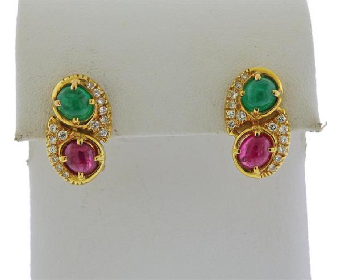 18K Gold Diamond Ruby Emerald Earrings (1 of 4)