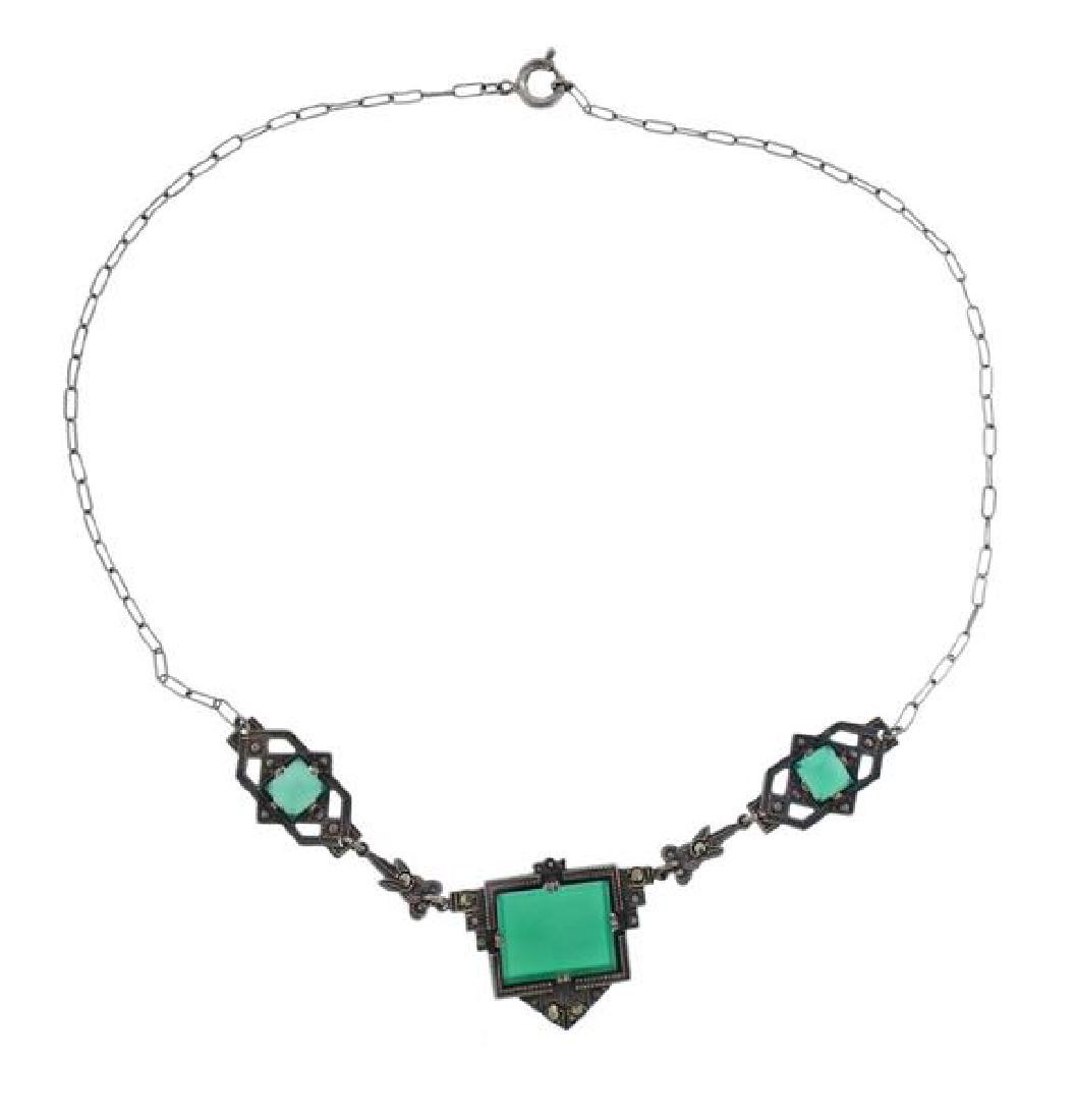 Antique Sterling Silver Green Stone Necklace (1 of 3)
