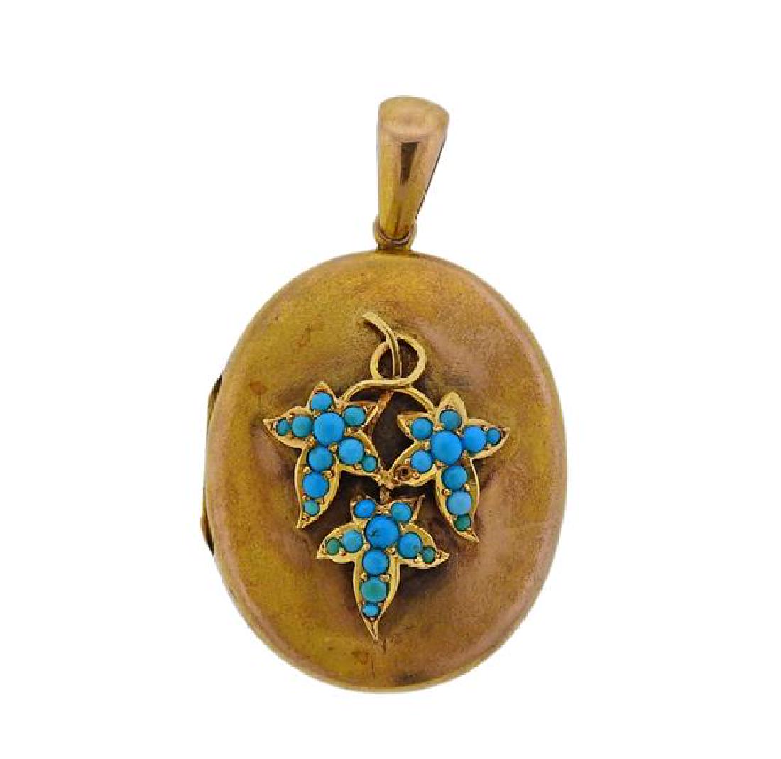 Antique Victorian 14k Gold Turquoise Locket Pendant (1 of 4)