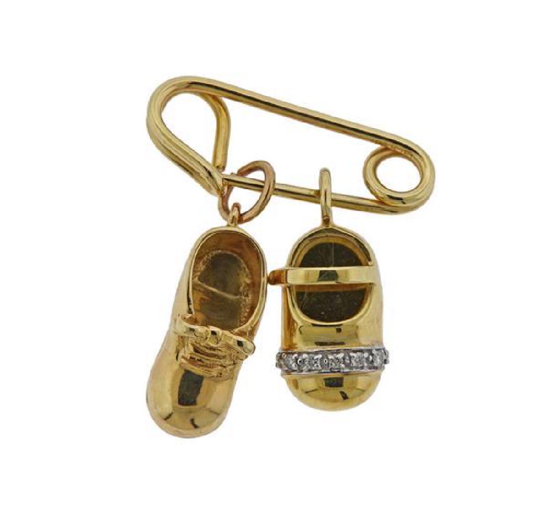 14k Gold Diamond Baby Shoe Charm Safety Pin Brooch (1 of 3)