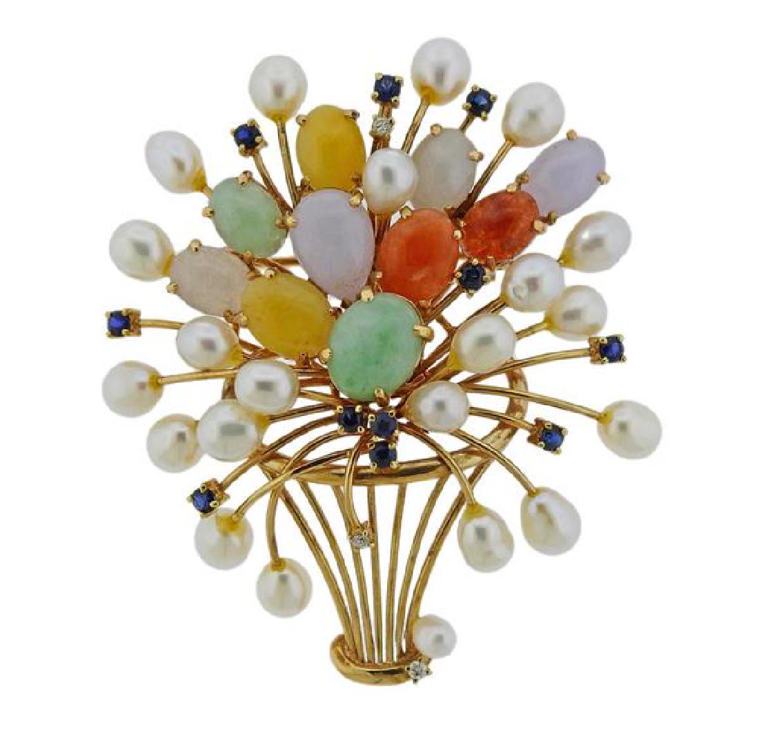 Retro 14k Gold Multi Color Jade Pearl Diamond Brooch (1 of 3)