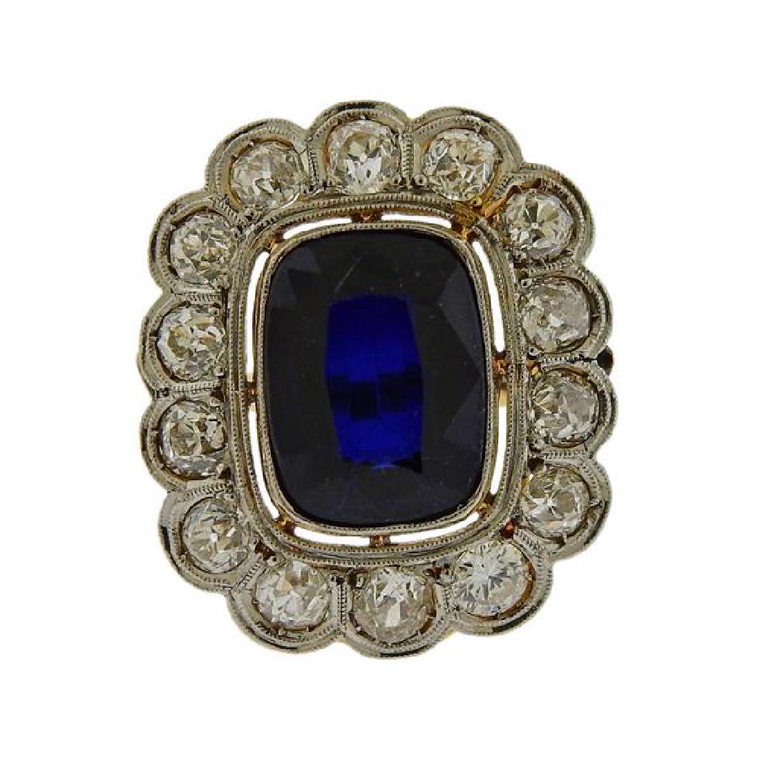 18K Gold Platinum Old Mine Cut Diamond Blue Stone Ring (1 of 4)