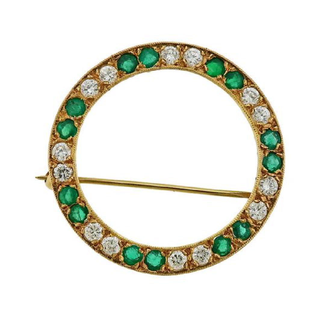 14K Gold Diamond Green Stone Circle Brooch Pin (1 of 3)