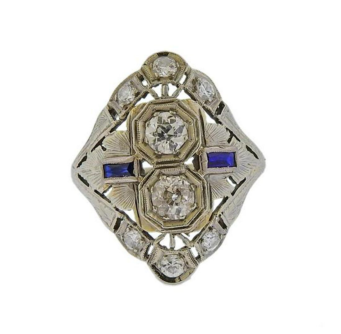 Art Deco 18K Gold  Diamond Blue Stone Ring (1 of 4)