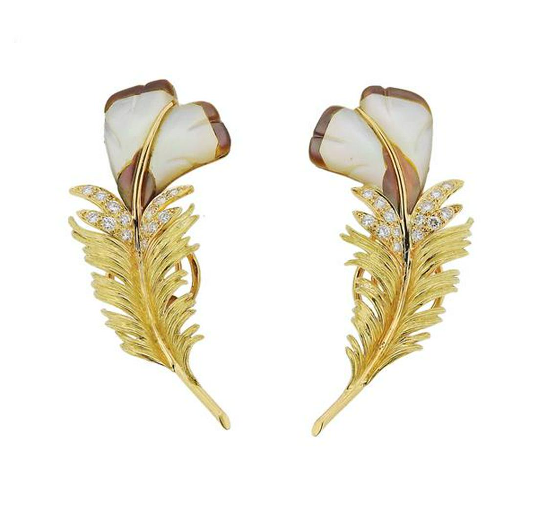 Chaumet Paris 18K Gold Diamond Feather Earrings (1 of 5)
