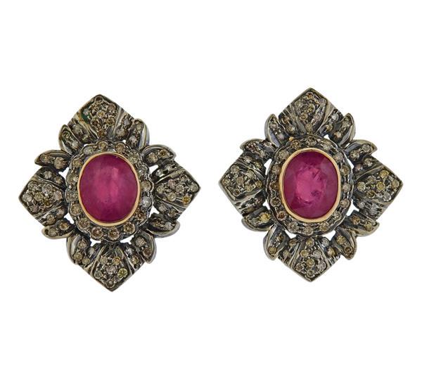 14K Gold Silver Diamond Red Stone Earrings (1 of 4)