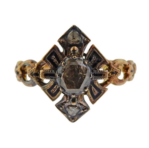 Antique 18K Gold Rose Cut Diamond Enamel Ring (1 of 3)
