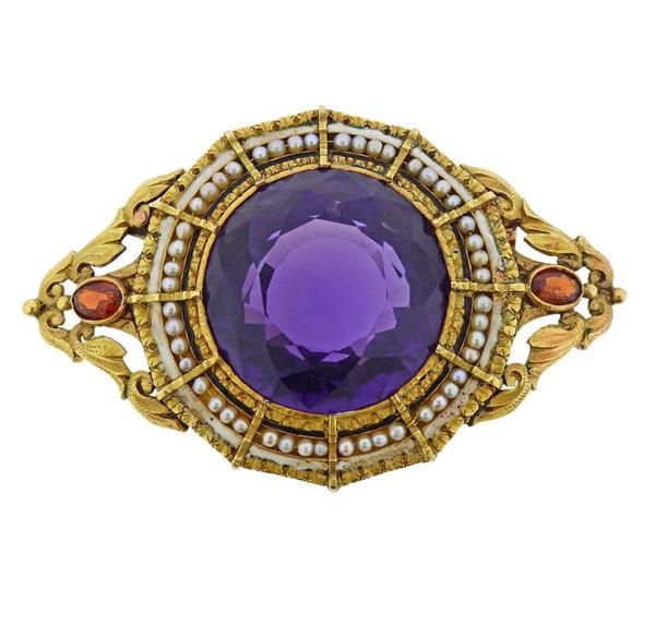 Antique 18K Gold Amethyst Pearl Enamel Brooch Pin (1 of 3)