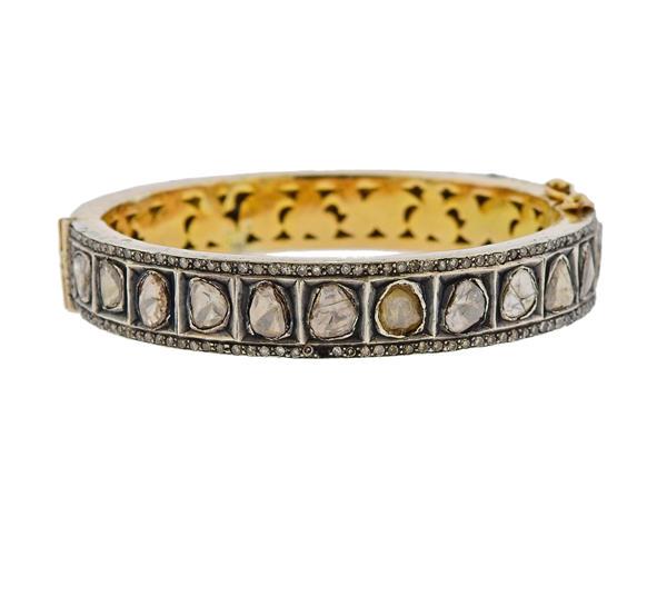14K Gold Silver Rose Cut Diamond Bangle Bracelet (1 of 4)