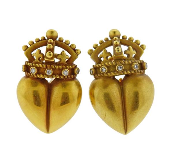 Kieselstein Cord 18K Gold Diamond Crown Heart Earrings (1 of 4)