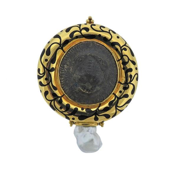Elizabeth Gage Pearl Bronze 18k Gold Lion Brooch: METAL: 18k Gold/ Bronze. MEASUREMENTS: Brooch is 71mm x 53mm. GEMSTONES: Pearl - 17mm x 15mm. MARKED: Gage, English assay marks. WEIGHT: 67.3 grams.Gemstones have not been graded for color and clarity