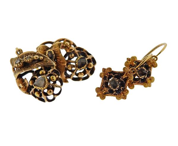 Antique 18K Gold Diamond Earrings Lot of 2 (1 of 4)